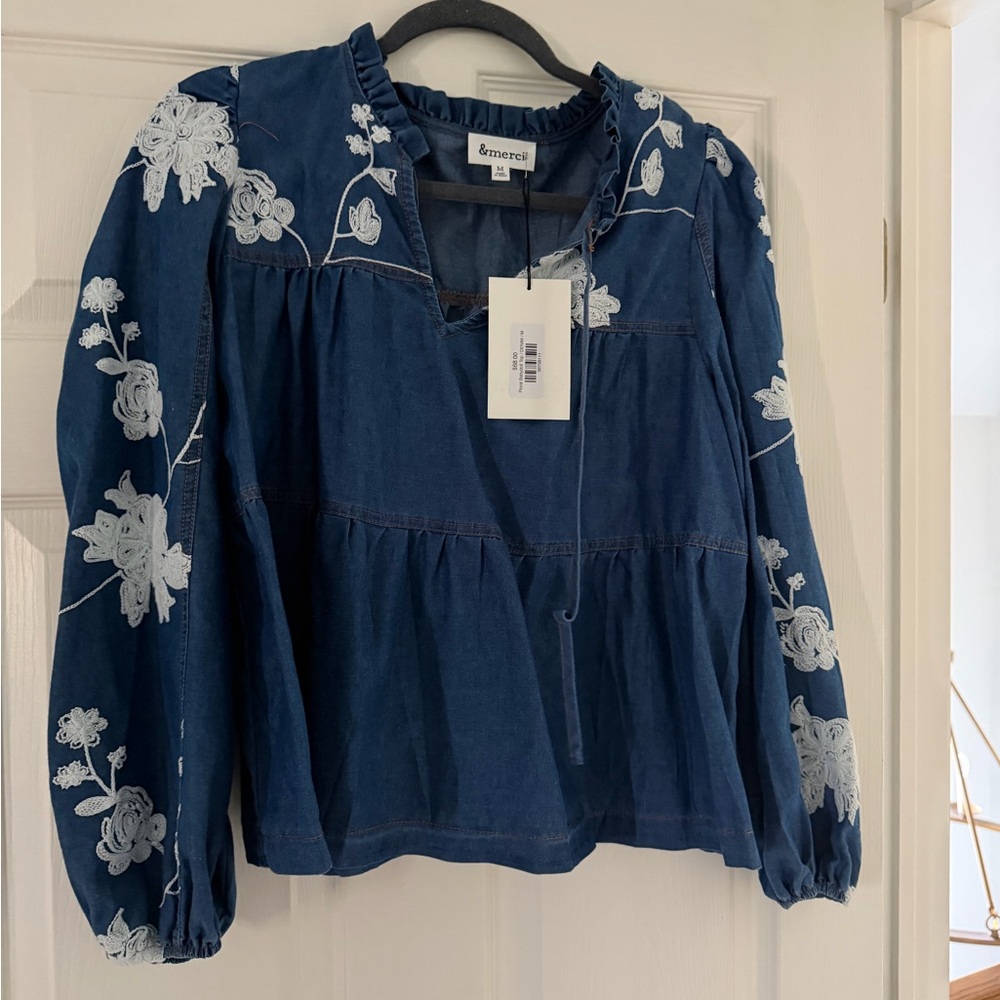 &merci Navy Embroidered Peasant Blouse